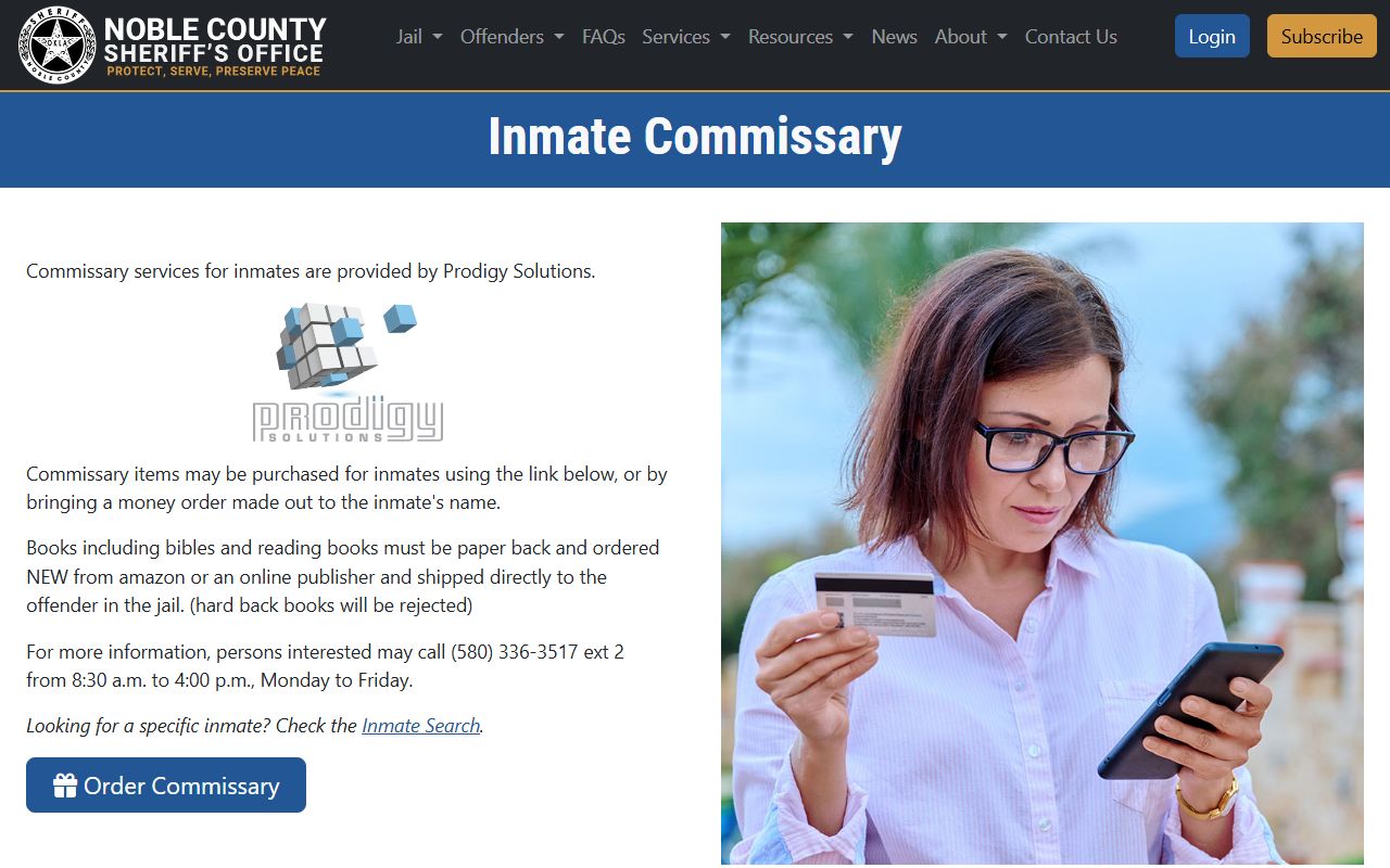 Noble County Jail commissary money and book rules
