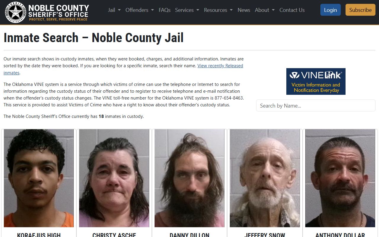 Noble County inmate population roster search fields