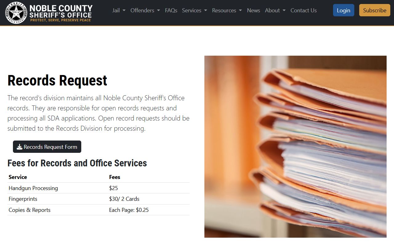 Noble County Sheriff's Office records request page with open-record request information and fees