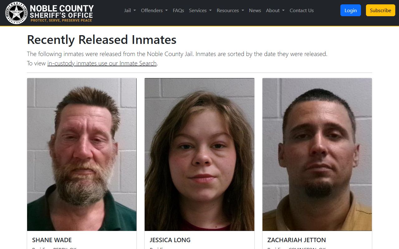 Noble County released-inmates page showing release cards with booking data