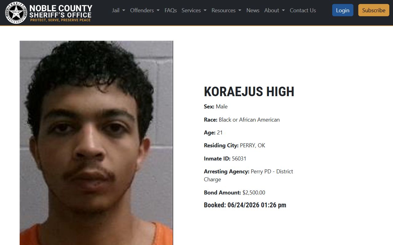 Noble County sample inmate profile with booking photo, demographics, charges, and bond fields