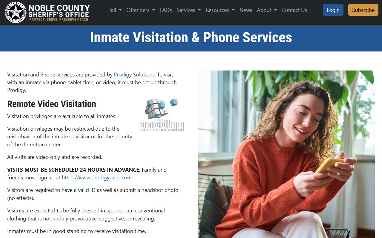 Noble County Jail video visitation and phone rules